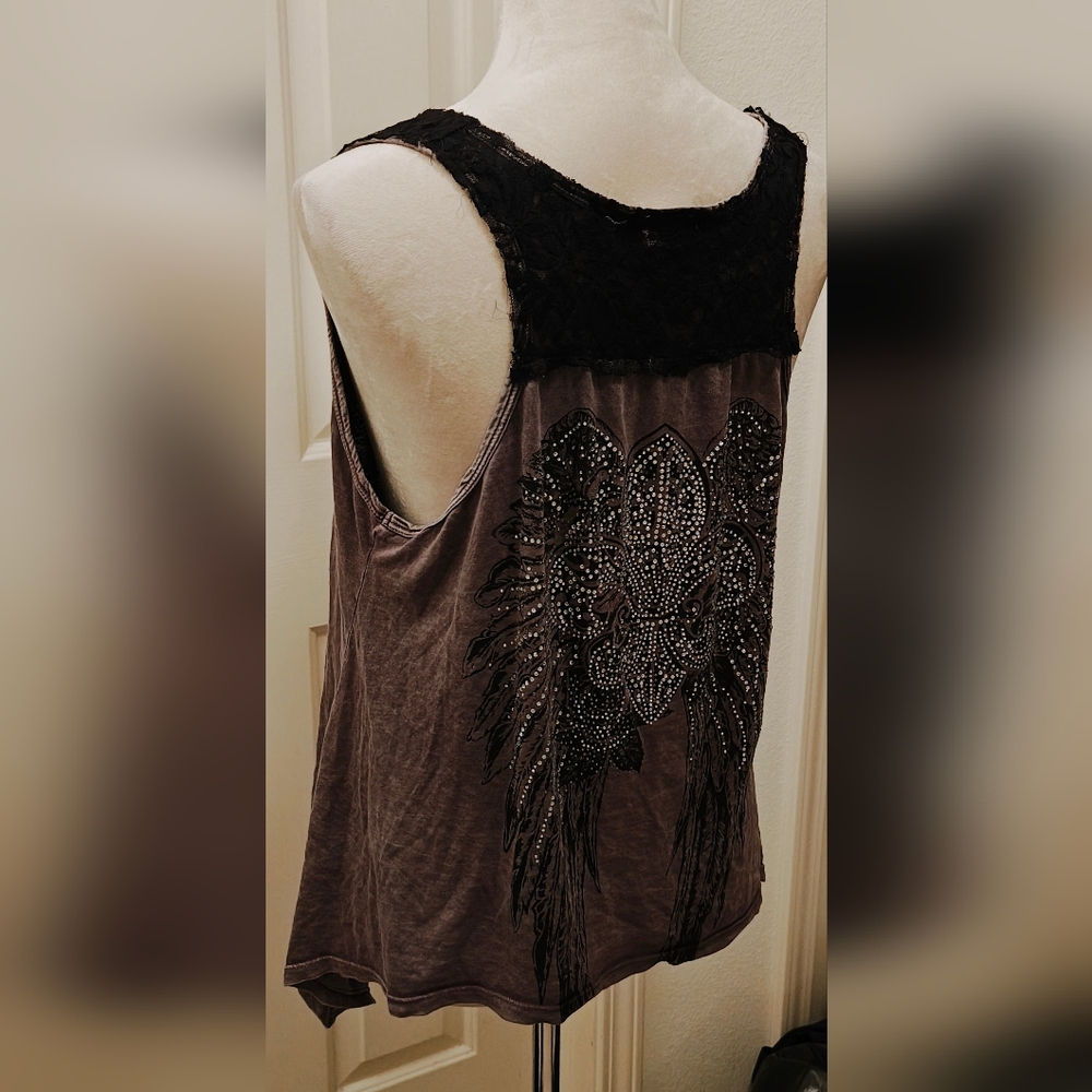 Y2K Vocal Grunge Rhinestone Fleur de lis & Angel Wings w Lace Detail Tank Top - Picture 6 of 14